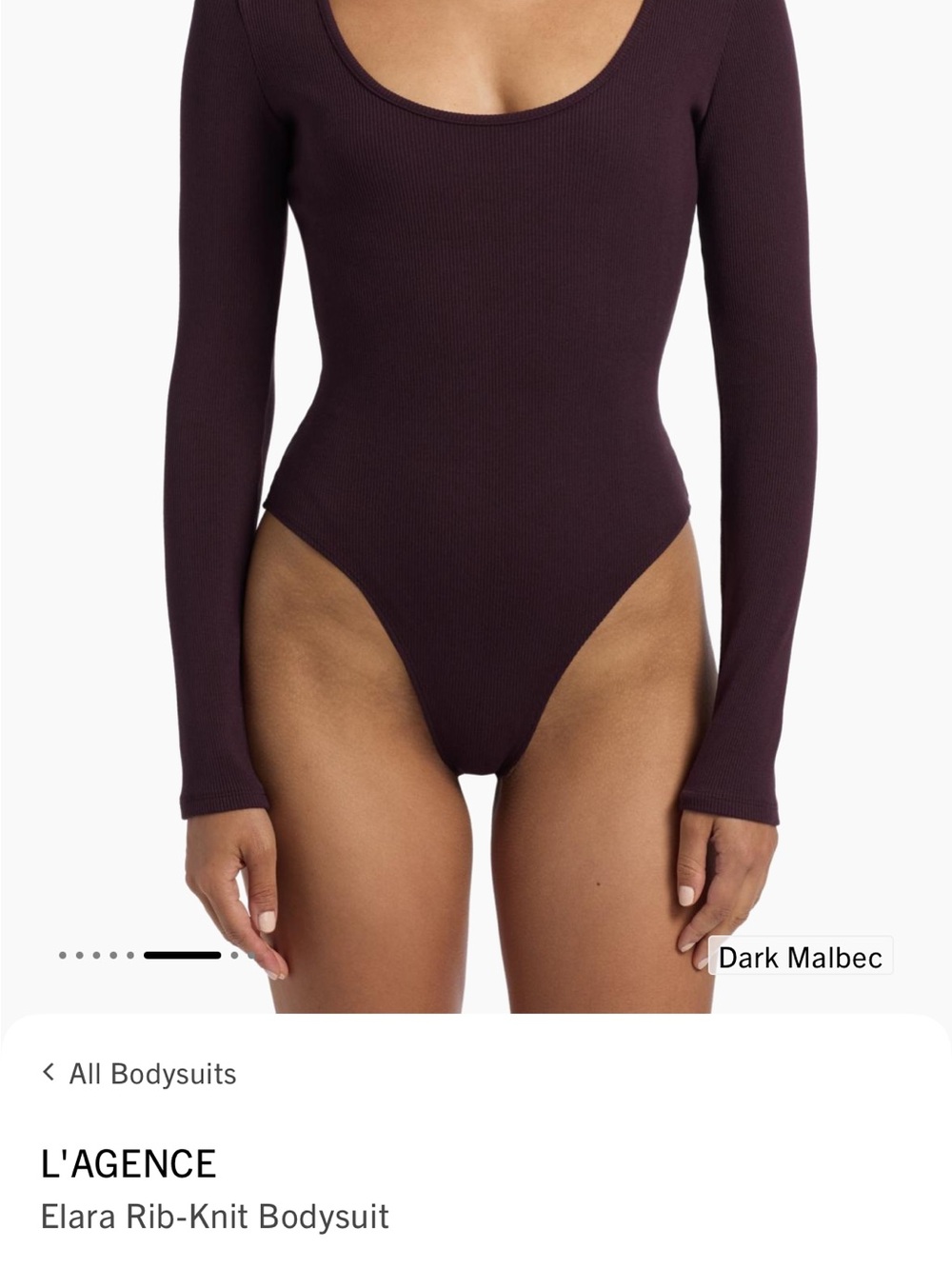 L'AGENCE Long-Sleeve Ribbed Bodysuit in Dark Malbec